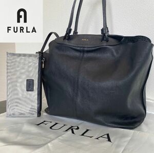 フルラ FURLA オールレザー 黒 ロゴ ハンドバッグ ポーチ シボ 美品 ショルダー ブラック 希少品 本革 トートバッグ