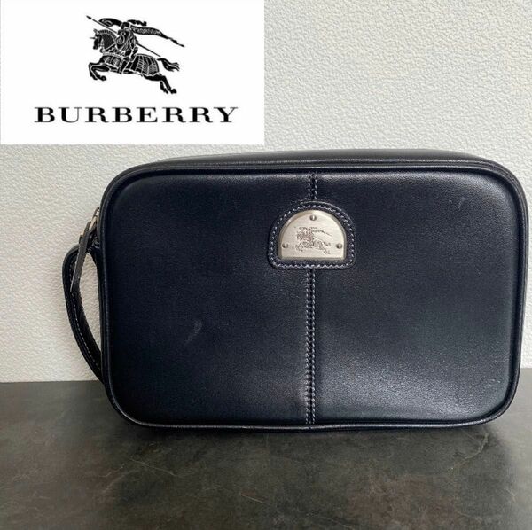 バーバリー Burberry セカンドバッグ オールレザー ロゴ ノバチェック 黒 ブラック 美品 希少 クラッチバッグ 騎士