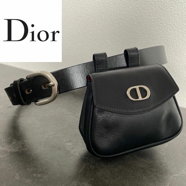 極美品 クリスチャンディオール Dior ベルトバッグ オールレザー シルバー金具 CD 黒 ブラック ウエストポーチ 希少品