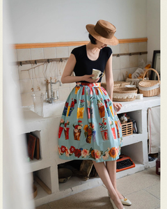  lady's flower print pattern skirt blue XS