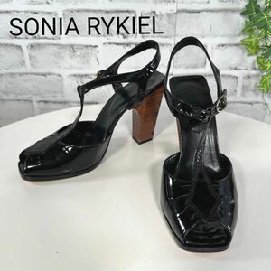 イタリア製 SONIA RYKIEL ソニアリキエル サンダル スクウェア ハイヒール ストラップ ブラック黒