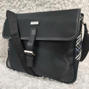 1円【未使用級】BURBERRY バーバリーブラックレーベル ショルダーバッグ ノバチェック ナイロン レザー ブラック メンズ 斜め掛け ロゴ