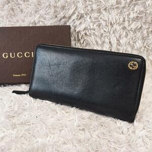 1円【良品】正規品 鑑定済み GUCCI グッチ インターロッキング GG ラウンドジップ 長財布 財布 309705 黒 ブラック メンズ レディース