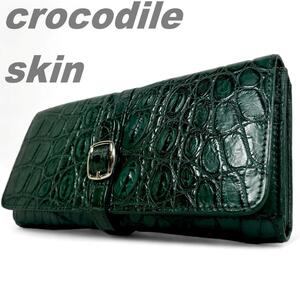 crocodile クロコダイル スキン 長財布 二つ折り財布 ワニ革 グリーン ロングウォレット エキゾチックレザー 大容量 希少 本クロコダイル