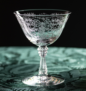 1940年代 フォストリア クリスタル ロマンス リボン フラワー エッチング シャンパン カクテルグラス アンティーク 酒 バーグラス
