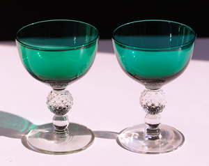 1928年～ モーガンタウングラス エメラルド グリーン クリスタル ゴルフボール リキュール カクテルグラス 2個 バーグラス 酒 ビンテージ