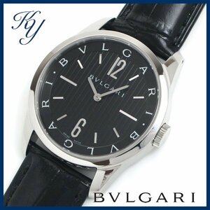 1円～ 3ヶ月保証付き 磨き済み 美品 本物 定番 人気 BVLGARI ブルガリ ソロテンポ ST37S 革ベルト ブラック メンズ 時計