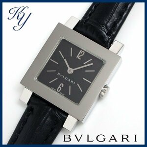 1円～ 3ヶ月保証付き 磨き済み 本物 人気 BVLGARI ブルガリ クアドラード SQ22SL 革ベルト ブラック レディース 時計