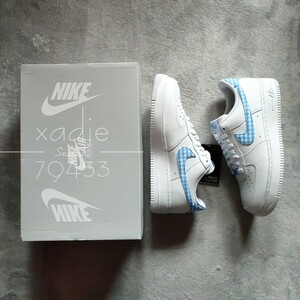 新品 正規品 NIKE ナイキ AIR FORCE1 LOW エアフォース1 ロー 白 ホワイト 水色 チェック WMNS 28cm (実質27.5cm) US11 デュブレ