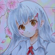 手描きイラスト Ｂ５ 女の子 春 花_画像1