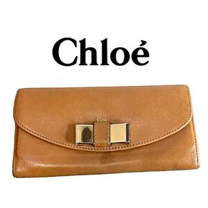 即日発送 美品 Chloe 長財布 レザー ブラウン リボン