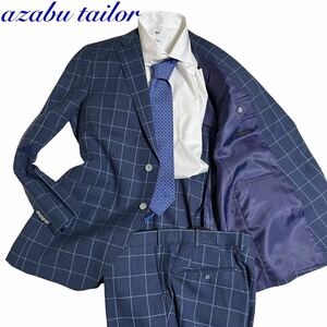 【圧巻のペンチェック】麻布テーラー　azabu tailor スーツ　メンズ　セットアップ L〜XL相当　ライトネイビー　シルク　リネン　春秋