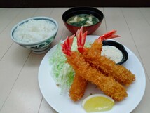 食品サンプル(中古) 【海老フライ3本定食】 味噌汁・ご飯付_画像1