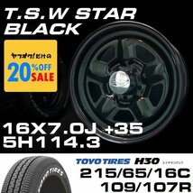 特価 TSW STAR ブラック 16X7J+35 5穴114.3 TOYO H30 ホワイトレター 215/65R16C ホイールタイヤ4本セット (ハイエース/ハイラックス)_画像1