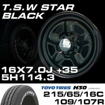 特価 TSW STAR ブラック 16X7J+35 5穴114.3 TOYO H30 ホワイトレター 215/65R16C ホイールタイヤ4本セット (ハイエース/ハイラックス)_画像2