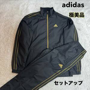 1円〜 【極美品】adidas アディダス CLIMA PROOF メンズナイロンジャージ上下セットアップメンズM相当 2枚セット ウインドブレーカー 黒金