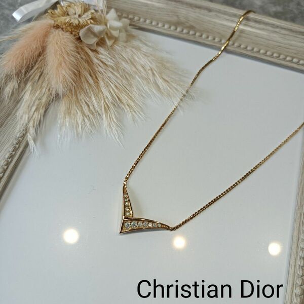 Christian Dior クリスチャンディオール Vライン ラインストーン ネックレス ゴールド ヴィンテージ