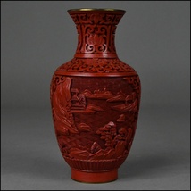 中国美術 唐物 堆朱 内七宝 山水風景図 花瓶 花入 古美術品_画像2