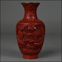 中国美術 唐物 堆朱 内七宝 山水風景図 花瓶 花入 古美術品_画像4
