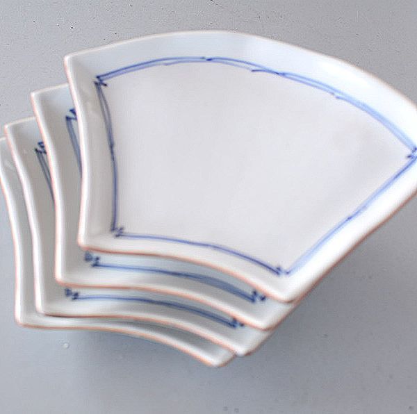 中皿 4枚 扇 手描き藍ライン, 和食器, 皿, 中皿