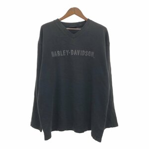 HARLEY DAVIDSON ハーレーダビッドソン ロゴ 刺繍 Vネック 長袖Ｔシャツ トップス バイク ブラック (メンズ X-LARGE) 中古 古着 Q0150