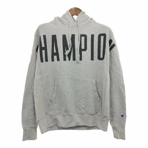 Champion チャンピオン リバースウィーブ ロゴ スウェット パーカー 大判プリント グレー (メンズ M) 中古 古着 Q0147