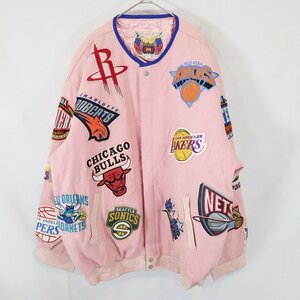 Jeff Hamilton NBA スタジアムジャケット シカゴブルズ レイカーズ プロチーム バスケ ワッペン ピンク (メンズ 5XL) 中古 古着 N6986