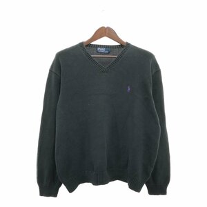 90年代 Polo by Ralph Lauren ポロ ラルフローレン Vネック コットンニット セーター ネイビー (メンズ XL) 中古 古着 Q0382