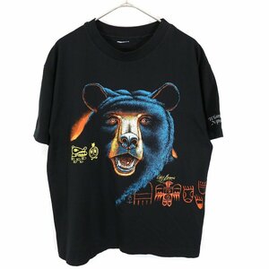 90年代 アニマルプリント 半袖Ｔシャツ シングルステッチ 両面プリント ブラック (メンズ L相当) O1672 中古 古着