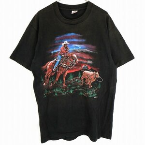 90年代 USA製 FRUIT OF THE LOOM フルーツオブザルーム カウボーイ半袖Ｔシャツ シングル 丸首 ブラック (メンズ L) O2007 中古 古着