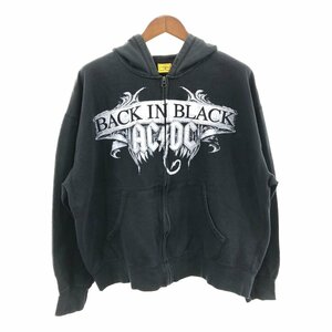 ROCKWARE ACDC BACK IN BLACK フルジップ スウェット パーカー 大きいサイズ バンド ブラック (メンズ 2XL) 中古 古着 Q1154