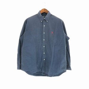 90年代 RALPH LAUREN ラルフローレン BLAKE ボタンダウン 長袖シャツ カジュアル ワンポイントロゴ ネイビー (メンズ L) 中古 古着 P2752