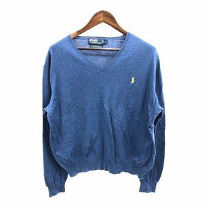 Polo by Ralph Lauren ポロ ラルフローレン コットン ニット Vネック セーター ワンポイントロゴ ブルー (メンズ L) 中古 古着 Q1489