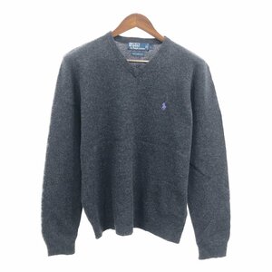 Polo by Ralph Lauren ポロ ラルフローレン ワンポイントロゴ ラムウール ニット セーター Vネック グレー (メンズ Ｌ) 中古 古着 Q1534