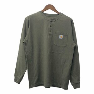 Carhartt カーハート ヘンリーネック ポケット 長袖Ｔシャツ ワンポイントロゴ カーキ (メンズ M) 中古 古着 Q2184