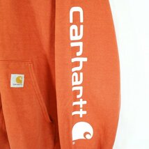 Carhartt カーハート 袖ロゴプリント パーカー フーディー オレンジ (メンズ L) O3624 中古 古着_画像9