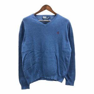 Polo by Ralph Lauren ポロ ラルフローレン コットン Vネック セーター ワンポイントロゴ ブルー (メンズ L) 中古 古着 Q2384