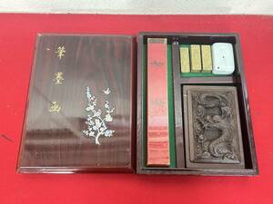 M-5801 ① 【同梱不可】980円～ 現状品　筆墨函　螺鈿細工　梅花鶯鳥紋　書道具　文箱　石彫龍硯　習字 