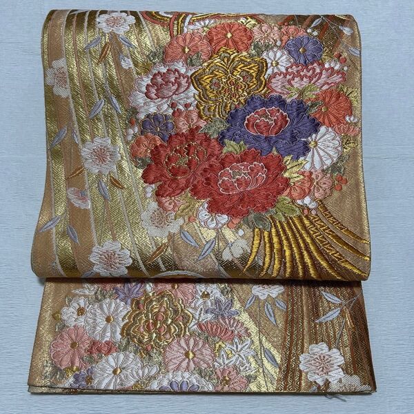 美品 袋帯 【唐織 花 水引き 枝垂れ桜 六通袋帯】
