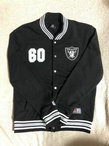 美品 中国製 マジェスティック製 NFL RAIDERS/レイダース 60ワッペン刺繍入り スウェット スタジャン ブラック M