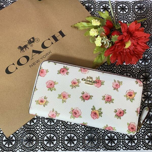 COACH コーチ ホワイト ピンク 花柄 ダークブラウン