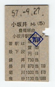 ☆国鉄　飯田線　小坂井から金谷ゆき　準常備乗車券　S５７年　☆