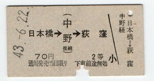 ☆営団地下鉄　日本橋→中野接続→荻窪　２等乗車券　S４３年　☆