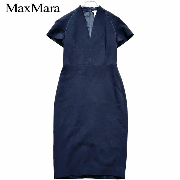 Lサイズ★ Max Mara マックスマーラ ロングワンピース 白タグ 半袖 Vネック ネイビー