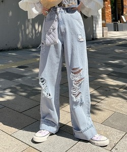 レディース 「Alley by w closet」 ダメージ加工デニムパンツ FREE ブルー系その他