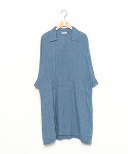 レディース 「fog linen work」 ストライプ柄7分袖ワンピース - ブルー