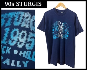 送料無料 G② ■ USA製 90s ビンテージ 1995 STURGIS BLACK HILLS RALLY イーグル バイク 両面 プリント 半袖 Tシャツ カットソー 紺 L