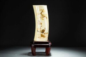 【善古堂】某有名収集家買取品 時代物 特種白材 金蒔絵 松鶴文巨大花入り 鶴吉在銘 骨董品 古美術 0318-4S1　