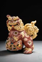 【善古堂】某有名収集家買取品 時代物 九谷焼 赤絵金彩 獅子置物 傷あり インテリア 骨董品 古美術0306-2H0_画像2