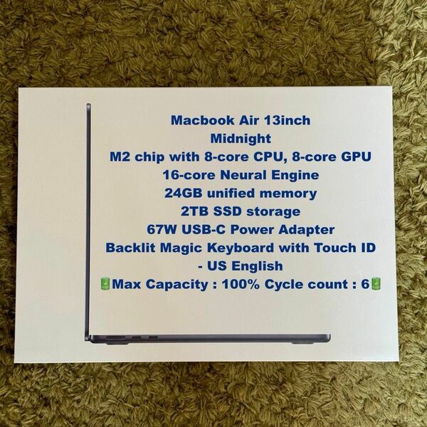 美品 M2 MacBook Air 13インチ Midnight 24GB 2TB USキーボード バッテリー使用回数7回